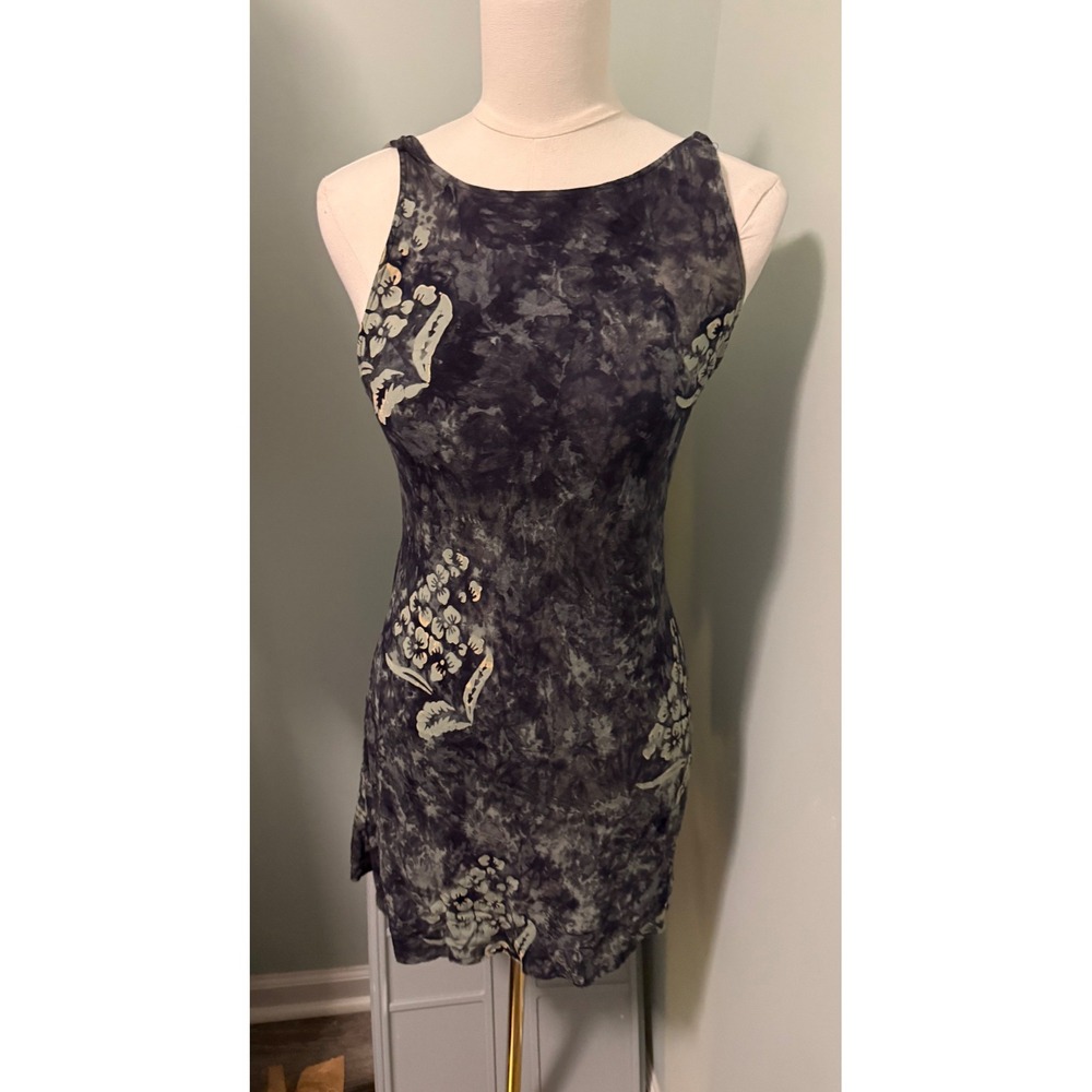 Nusa Dua Tie Dye Floral Strappy Open Back Mini Dress Small Gray Black Boho